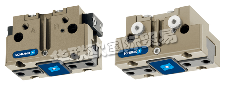 SCHUNK機(jī)械爪手JGP64-1帶雙平動機(jī)械手的旋轉(zhuǎn)頭，可在機(jī)器內(nèi)同時(shí)裝載和卸載工件。在壓縮空氣的作用下，橢圓形活塞上下移動。楔式結(jié)構(gòu)的有角度活動表面使基爪能夠同步平動。